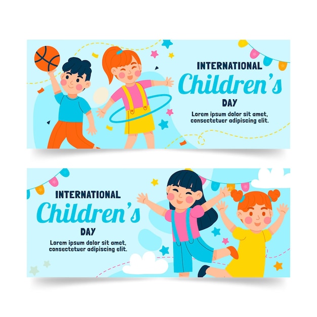 Gratis vector hand getekende platte wereld kinderdag horizontale banners set