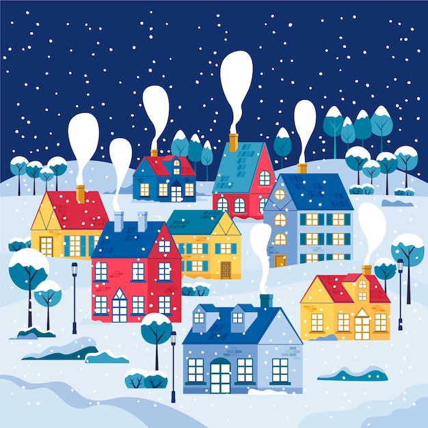 Gratis vector hand getekende platte winter dorp illustratie