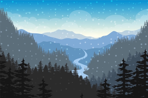 Gratis vector hand getekende platte winterlandschap illustratie