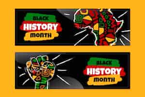 Gratis vector hand getekende platte zwarte geschiedenis maand horizontale banners set