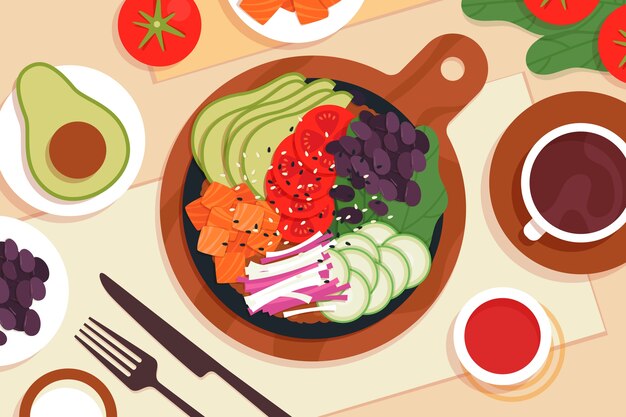 Hand getekende poke bowl eten illustratie
