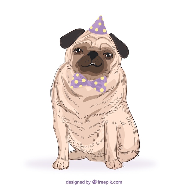 Gratis vector hand getekende pug met party hoed