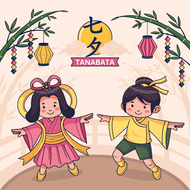 Hand getekende tanabata illustratie met paar dansen