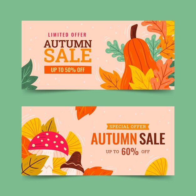Hand getekende vlakke horizontale herfst verkoop banners set