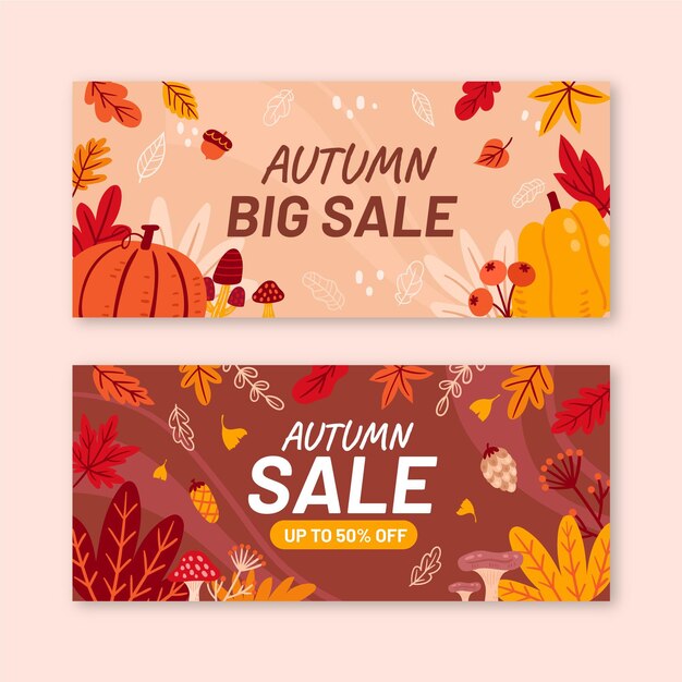 Hand getekende vlakke horizontale herfst verkoop banners set