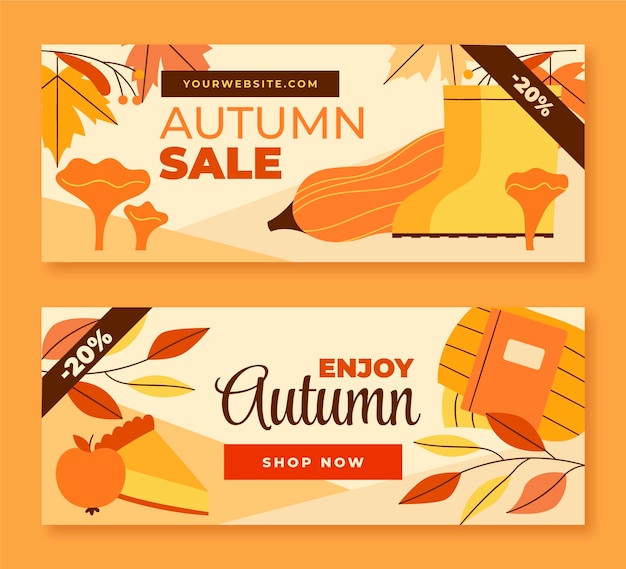 Gratis vector hand getekende vlakke horizontale herfst verkoop banners set