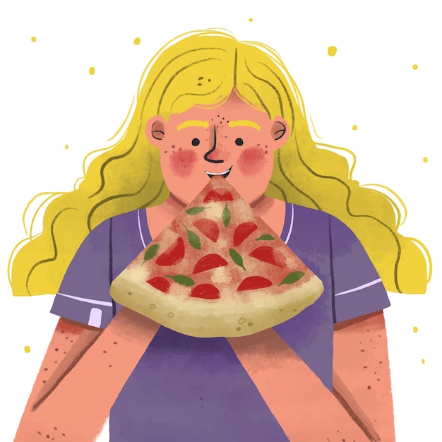 Hand getekende vrouw die pizza eet illustratie