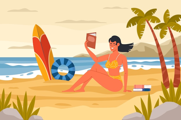 Hand getekende vrouw leesboek op strand