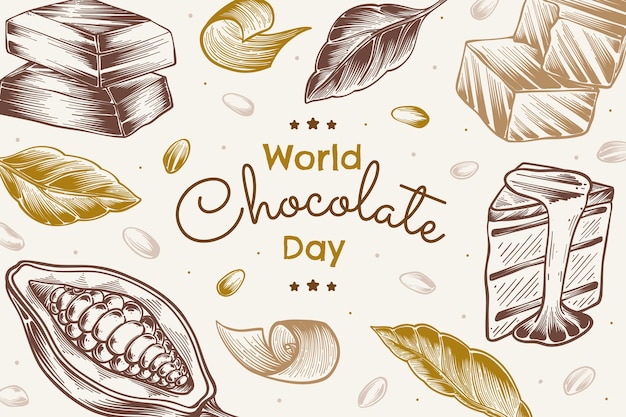 Gratis vector hand getekende wereld chocolade dag achtergrond met chocolade en cacaoboon