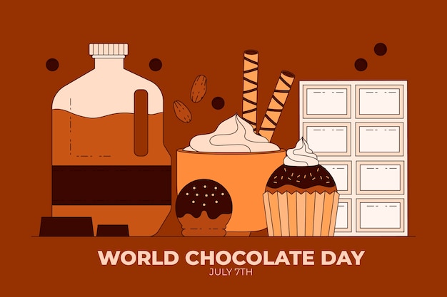 Gratis vector hand getekende wereld chocolade dag achtergrond met chocolade lekkernijen