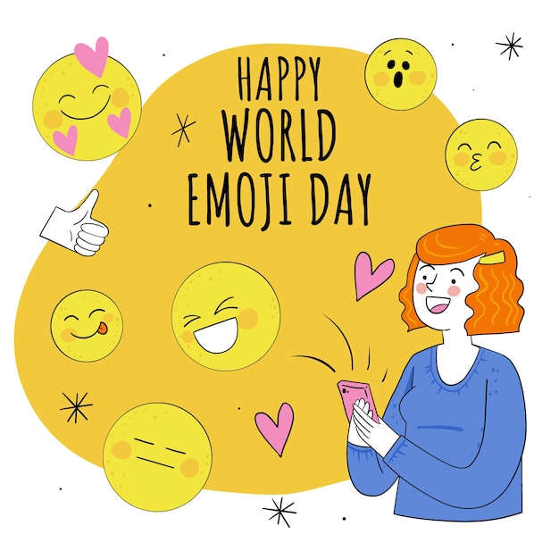 Hand getekende wereld emoji dag illustratie met vrouw die smartphone gebruikt