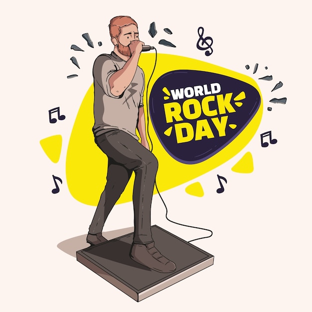 Hand getekende wereld rock dag illustratie met mannelijke muzikant