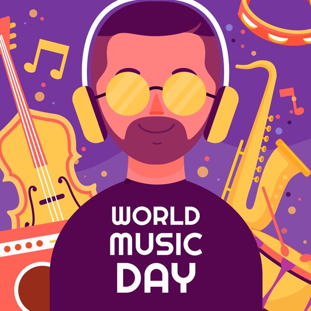 Hand getekende wereldmuziek dag man met koptelefoon illustratie