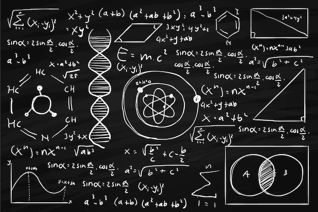 Hand getekende wetenschappelijke formules op schoolbord