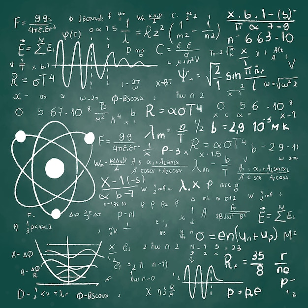 Hand getekende wetenschappelijke formules op schoolbord