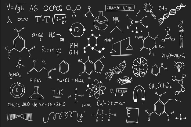 Hand getekende wetenschappelijke formules op schoolbord