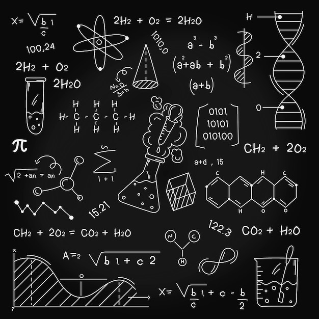 Hand getekende wetenschappelijke formules op schoolbord