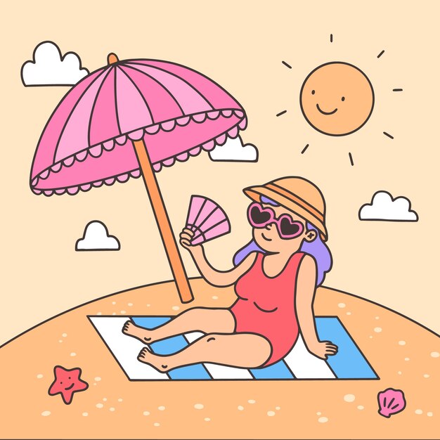 Hand getekende zomerhitte illustratie met vrouw op het strand