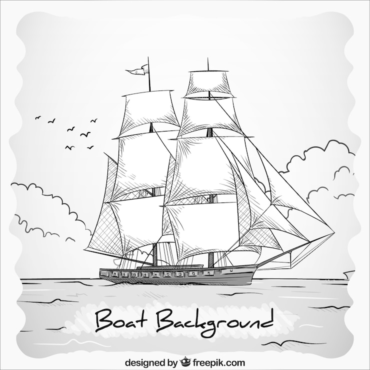 Gratis Vector hand getekende zwart-witte boot achtergrond