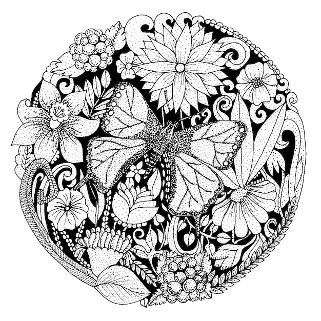 Hand getrokken afgeronde compositie met bloemen, vlinder, bladeren. Natuurontwerp voor ontspanning, meditatie. Vector zwart-witte illustratie