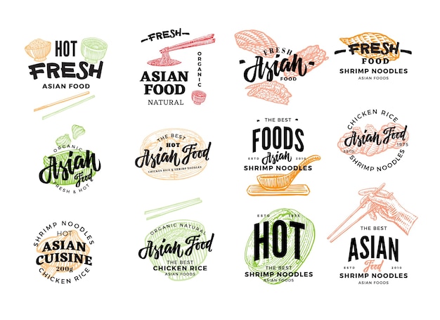 Hand getrokken Aziatische voedsellogotypes