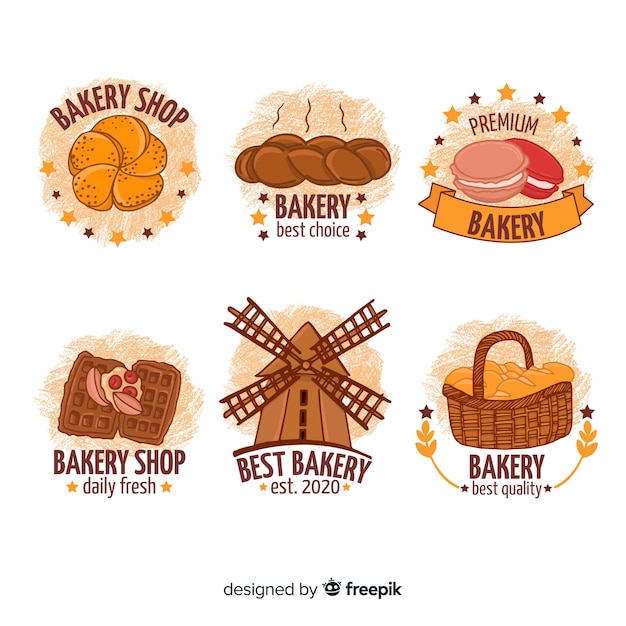 Gratis vector hand getrokken bakkerijemblemen