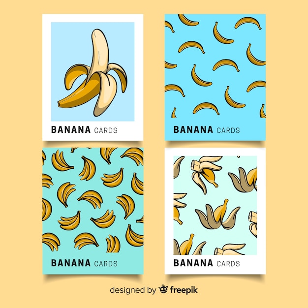 Gratis vector hand getrokken bananen eten kaartenset