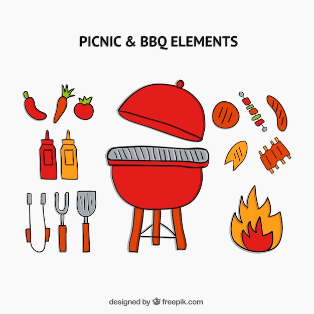 Gratis vector hand getrokken barbecue met elementen