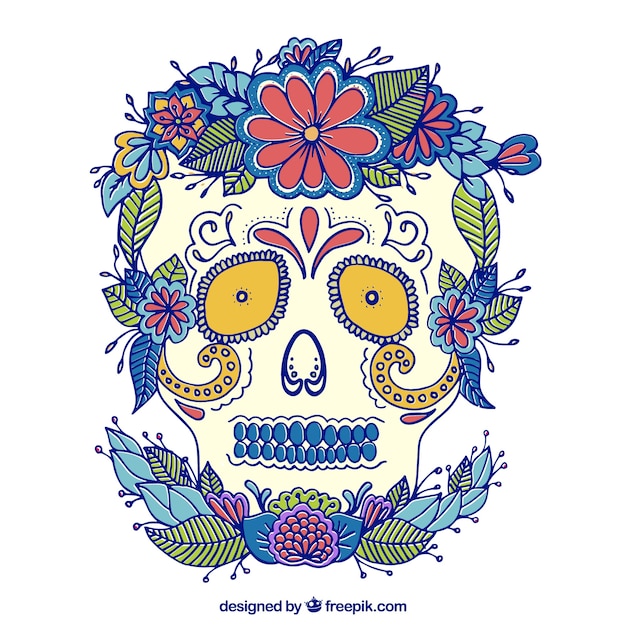 Gratis vector hand getrokken bloemrijke mexican skull