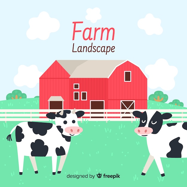 Gratis vector hand getrokken boerderij landschap-achtergrond