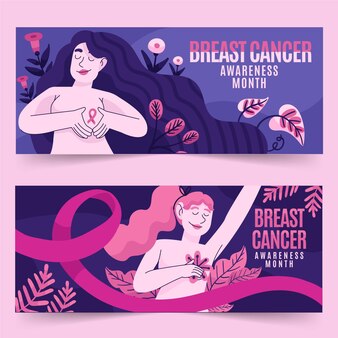 Hand getrokken borstkanker bewustzijn maand horizontale banners set