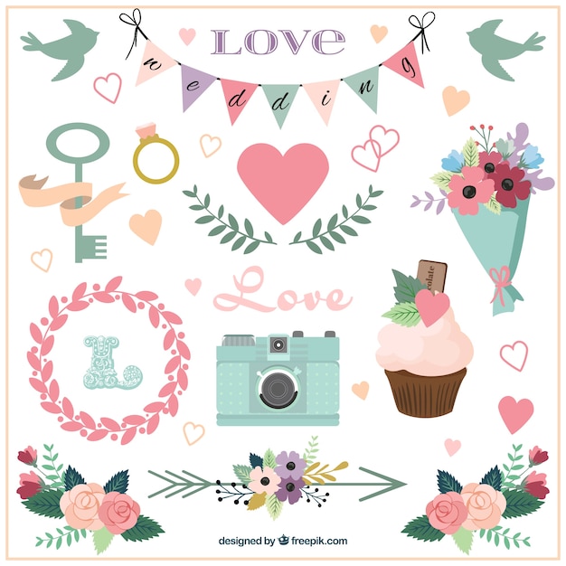 Gratis vector hand getrokken bruiloft accessoires en ornamenten