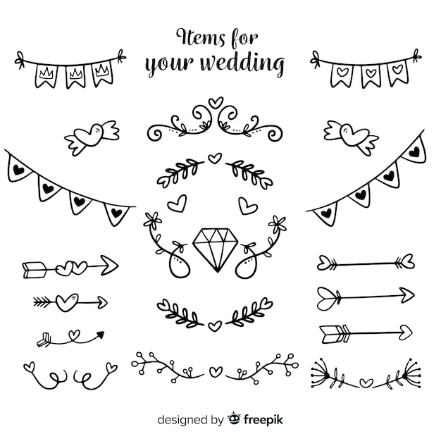 Gratis vector hand getrokken bruiloft ornamenten instellen