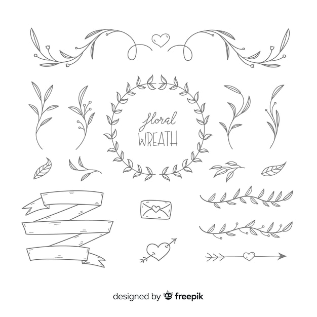 Gratis vector hand getrokken bruiloft ornamenten instellen