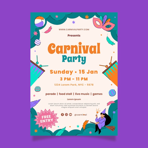 Hand getrokken carnaval viering verticale poster sjabloon