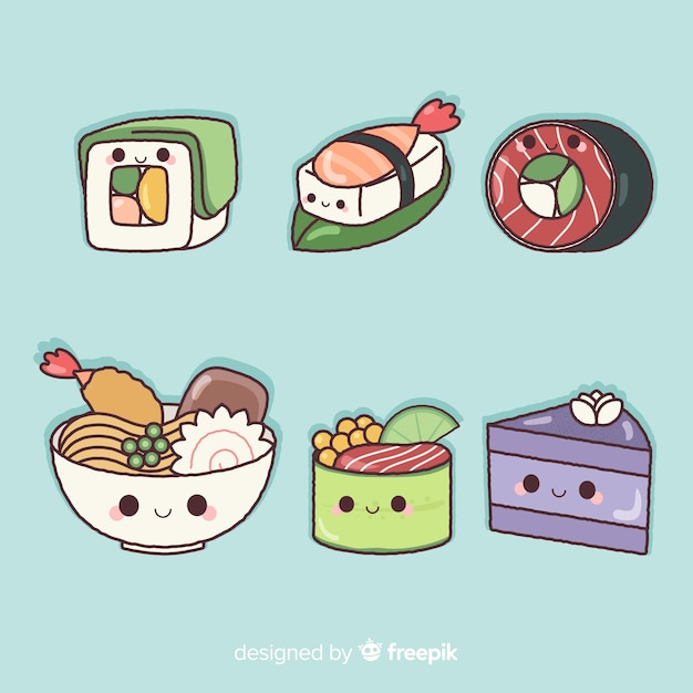 Gratis vector hand getrokken charmante sushi-collectie