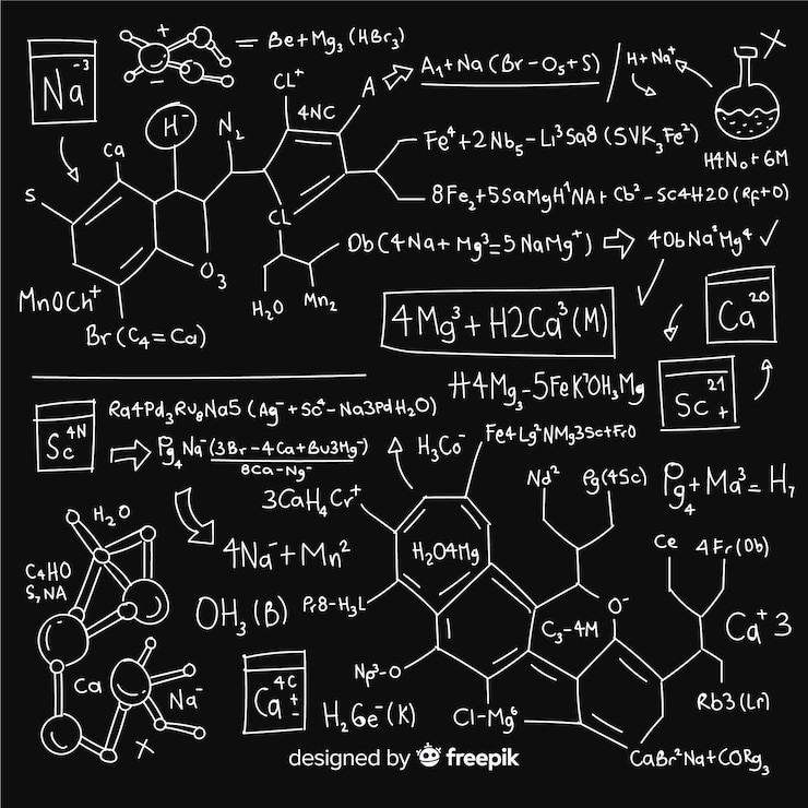 Gratis Vector hand getrokken chemie achtergrond op blackboard