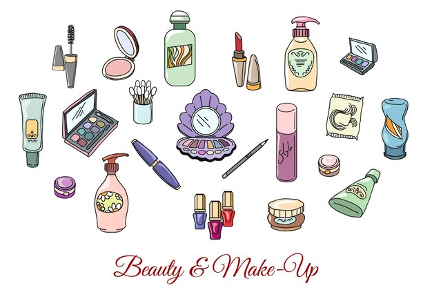 Hand getrokken cosmetica en make-up. Mode make-up, cosmetische oogschaduw lippenstift en mascara, vectorillustratie
