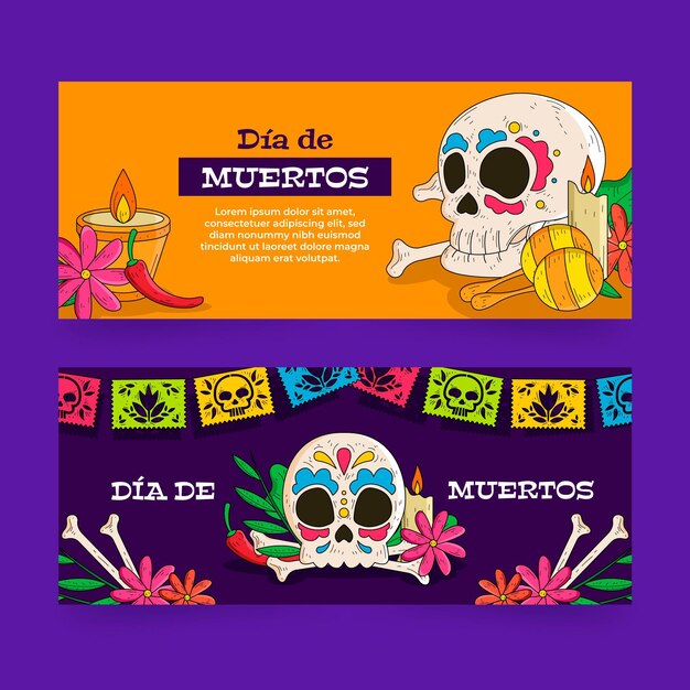 Hand getrokken dia de muertos banners