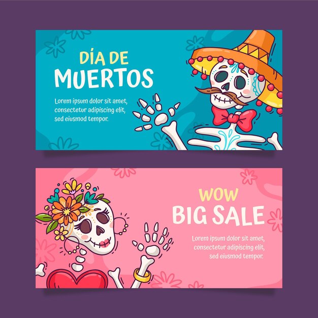 Gratis vector hand getrokken dia de muertos horizontale banners set