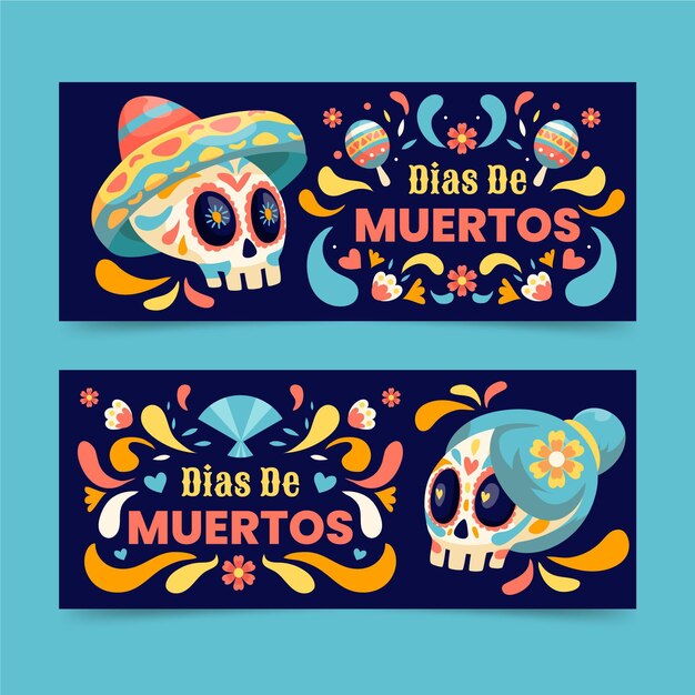 Hand getrokken dia de muertos horizontale banners set