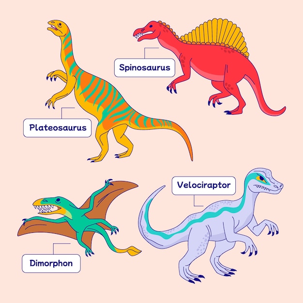 Gratis vector hand getrokken dinosaurus namen element collectie