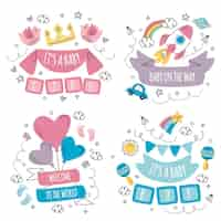 Gratis vector hand getrokken doodle baby shower sticker collectie