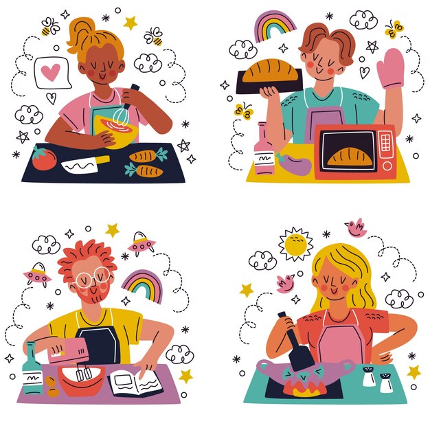 Hand getrokken doodle koken stickers sticker set