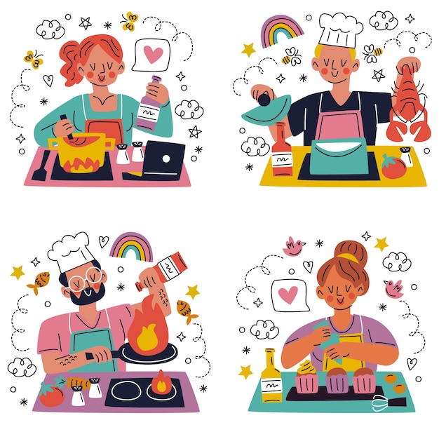 Gratis vector hand getrokken doodle koken stickers sticker set