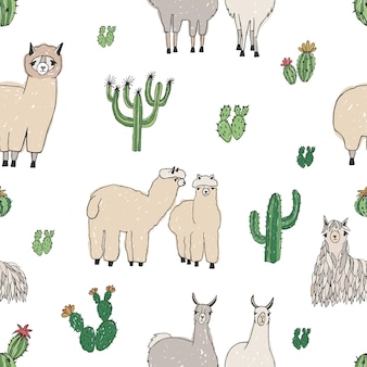 Hand getrokken doodle naadloze patroon met alpaca, lama, cactussen.