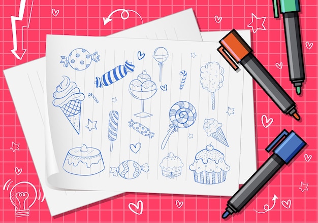 Gratis vector hand getrokken doodle pictogrammen op papier