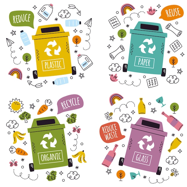 Hand getrokken doodle recycling stickers collectie