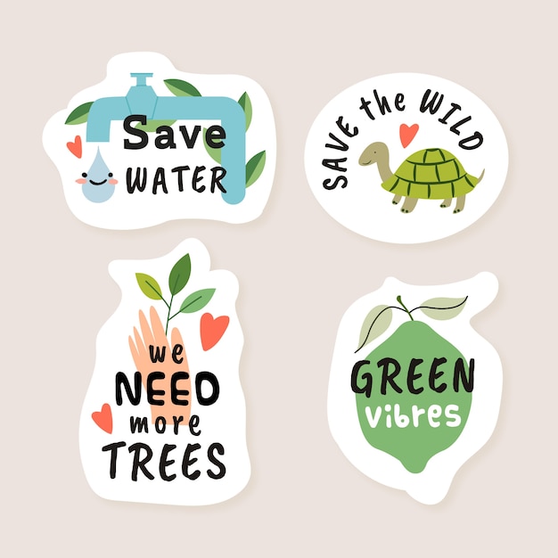 Gratis vector hand getrokken eco badges met recycling ideeën