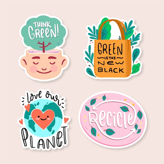 Gratis vector hand getrokken ecologie badges voor een betere wereld